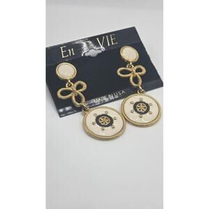 En Vie Vintage Nautical Dangle Earrings Gold Tone Ivory Enamel USA Made